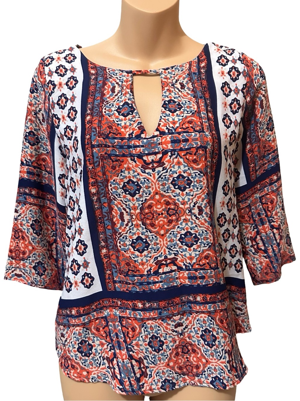 Renee C Small S Bohemian Medallion Print Keyhole Blouse 3/4 Sleeve Top